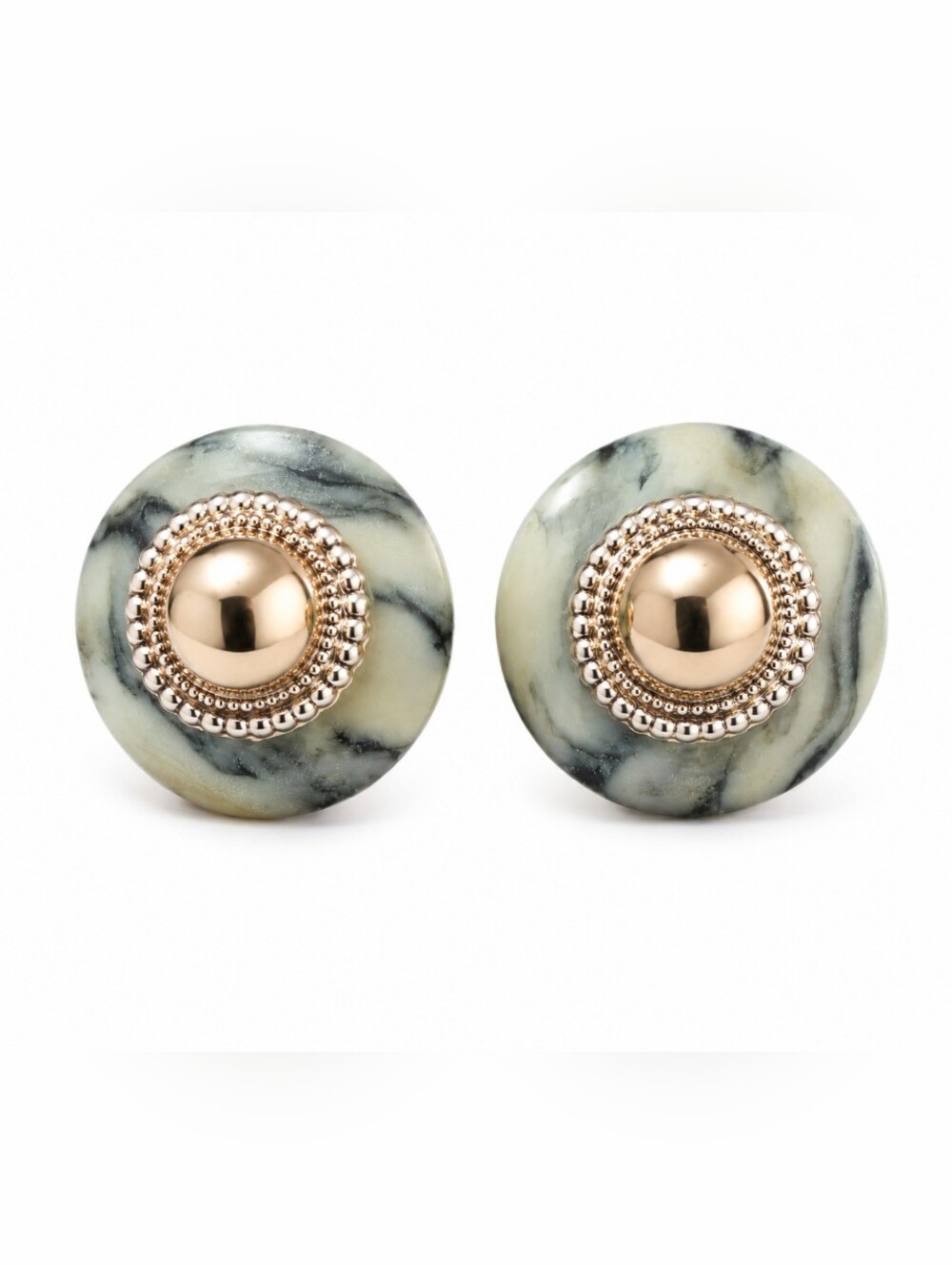 Vintage Marbled Lucite Button Earrings Gold Tone Dome Studs Gray Black Statement